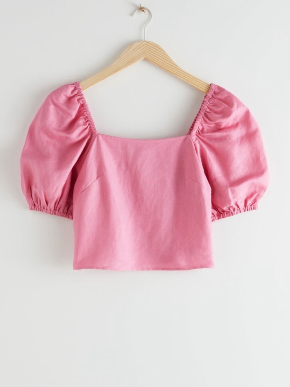 & Other Stories Cropped Linen Blend Puff Sleeve Top Pink Square Neck Size 2
